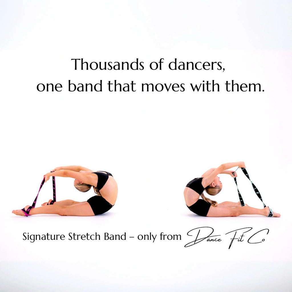 Two dancers using a signature stretch band with promotional text on a white background