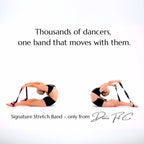 Two dancers using a signature stretch band with promotional text on a white background