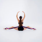 Person using a resistance band for stretching exercise on a white background