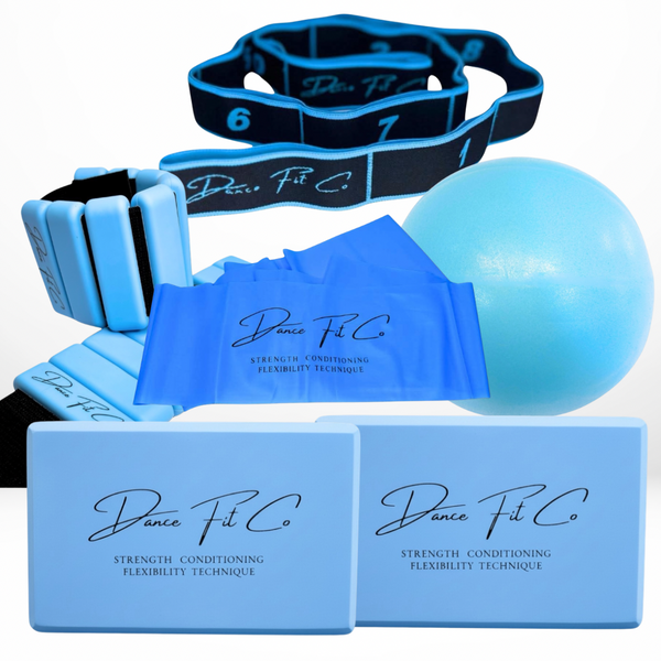 Training Essentials bundle for dancers with stretch band, blocks, ball, resistance band, and weights