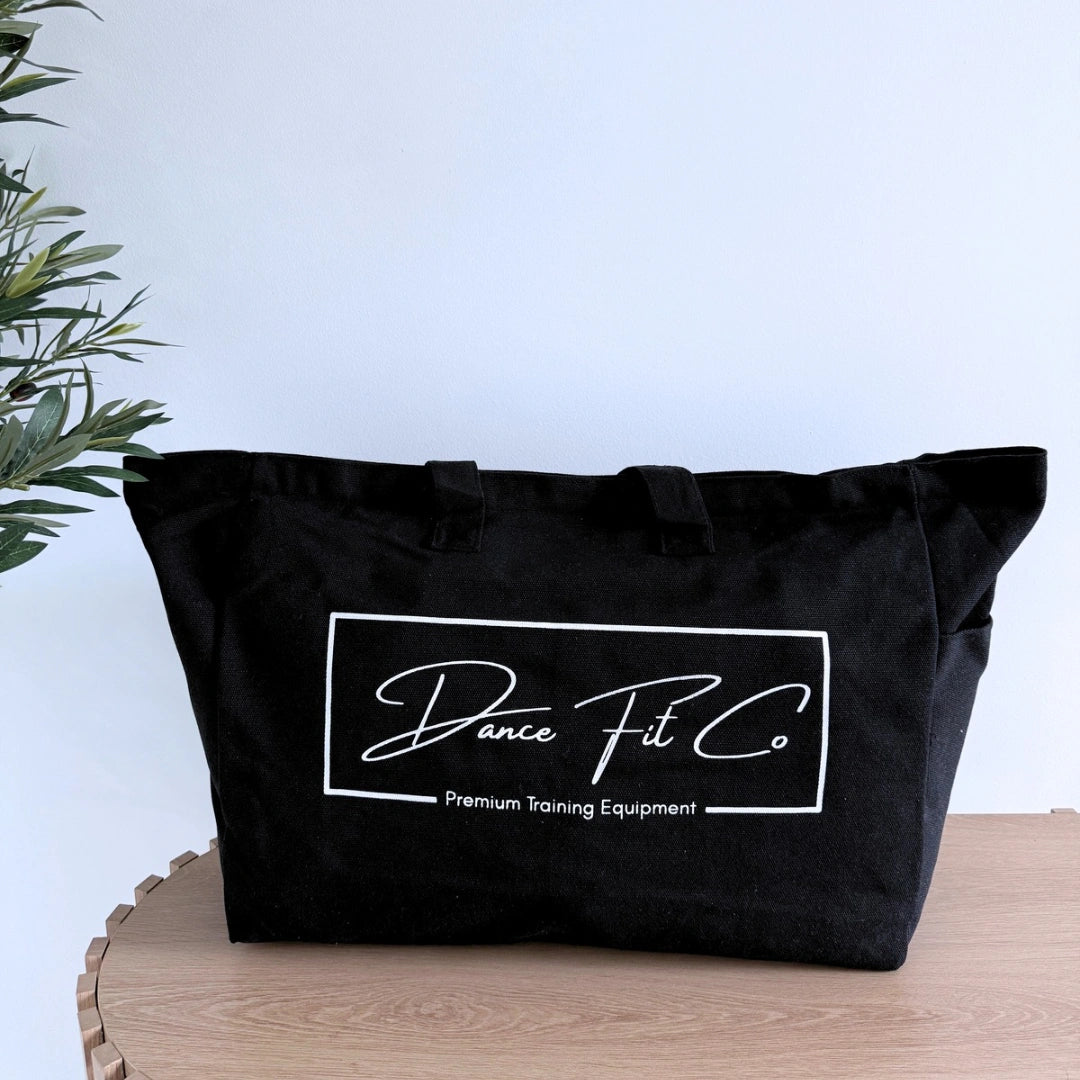 Black canvas Dance Fit Co training tote bag with 5 pockets for dance equipment
